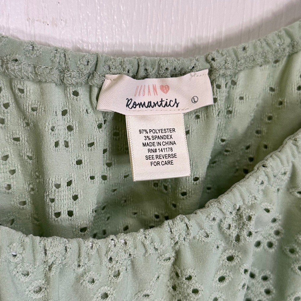 Urban Romantics Sage Green Eyelet Ruched Milkmaid Crop Top Smocked Back Large - Picture 2 of 7